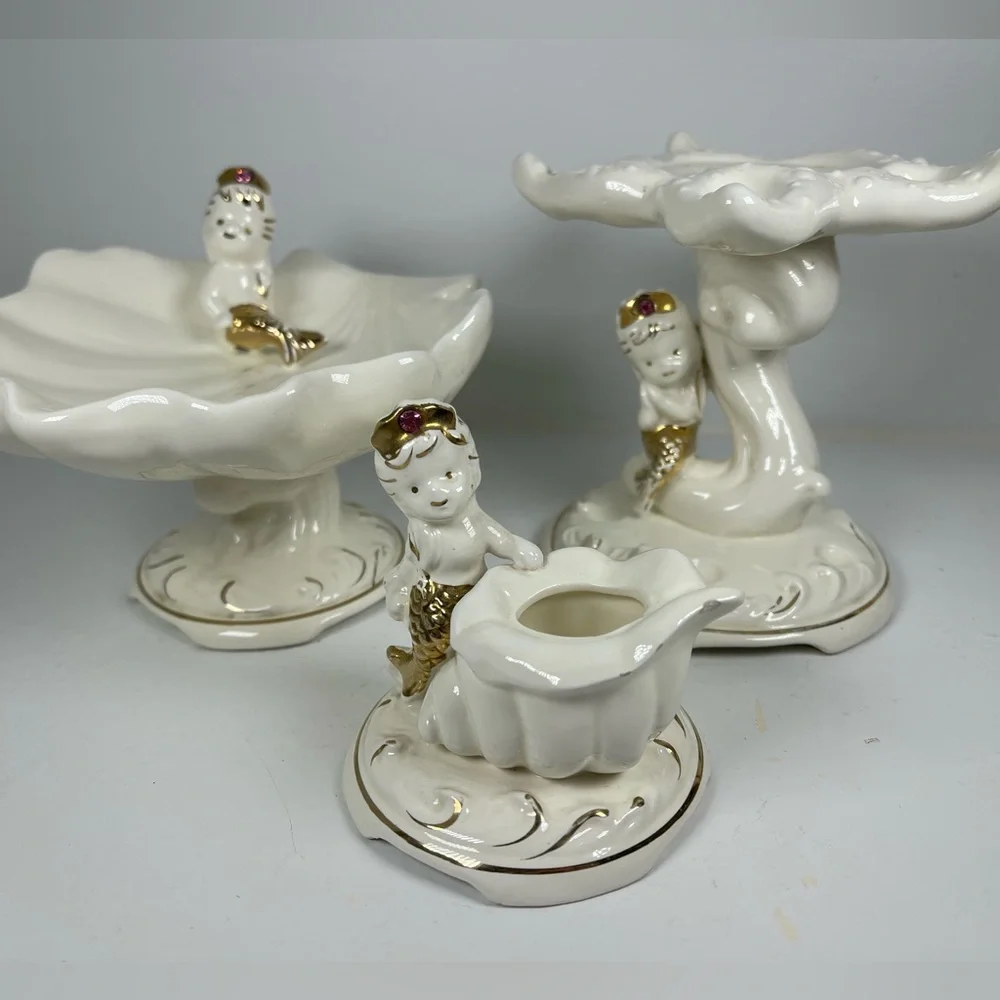Vintage Napco Princess mermaid all ceramic 3 piece bathroom set Mid century RARE